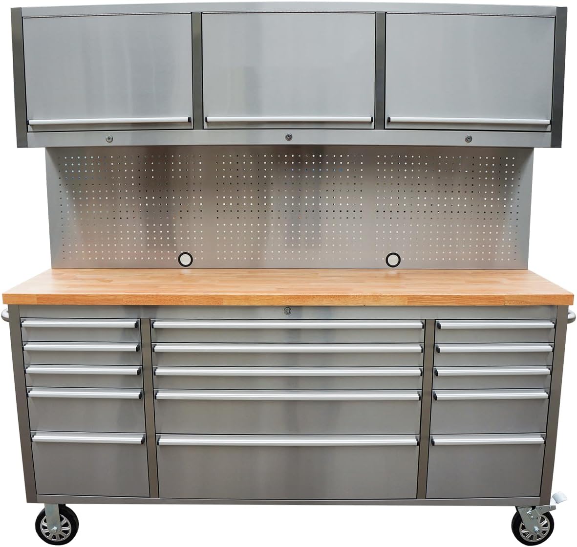72-Inch Stainless Steel Rolling Tool Chest with 15 Drawers + 3 Upper Cabinets, Mobile Workbench, Assembled Large Tool Box Lockable Storage Cabinet with Wheels for Garage Workshop
