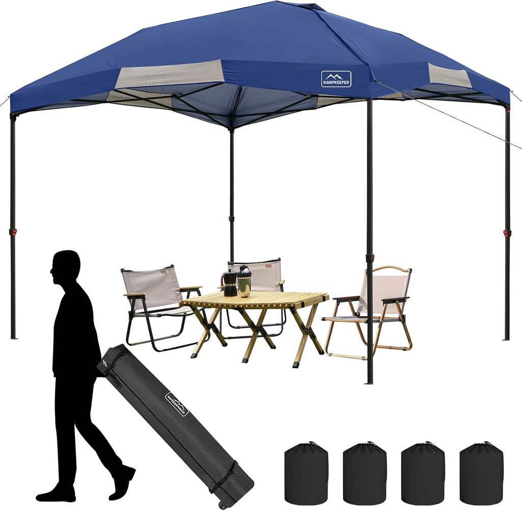 KAMPKEEPER 12x12 Pop Up Canopy Tent,Heavy Duty Outdoor Sun Shade for Events,Camping,Parties - Polygonal Patio Gazebo with Wheeled Bag,4 sandbags(Navy Blue, 12x12FT)