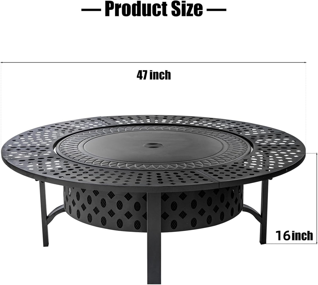 OutVue 47 Inch Fire Pit with 2 Grills, Wood Burning Fire Pits for Outside with Lid & Poker, BBQ& Outdoor Firepit & Round Metal Table 3 in 1 for Patio, Picnic, Party