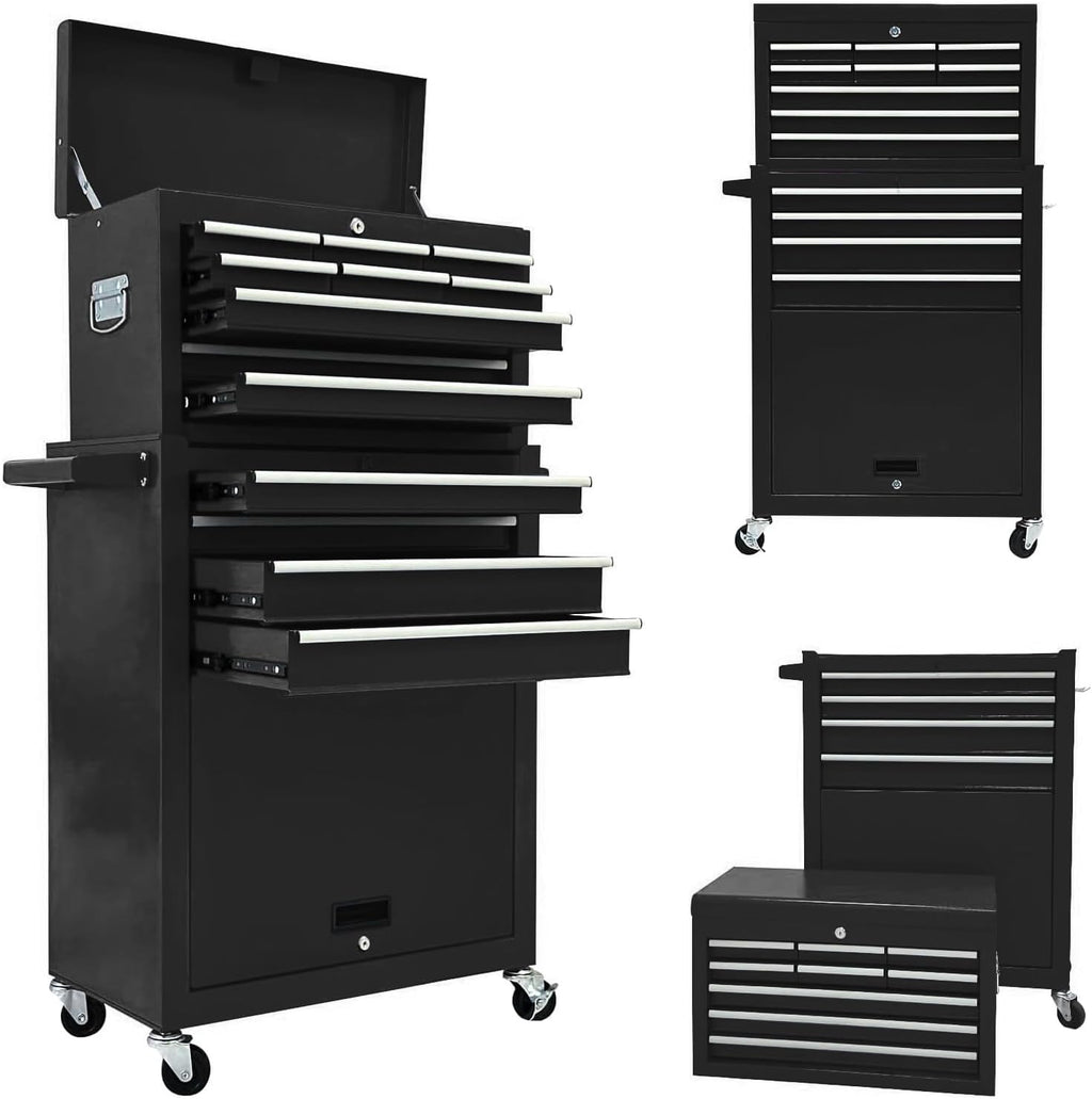 13-Drawer Rolling Tool Chest,Large Toolbox with Wheels, Tool Cabinets with Drawers, Top Detachable Tool Box with Hooks Handles for Workshop Mechanical Garage - Black