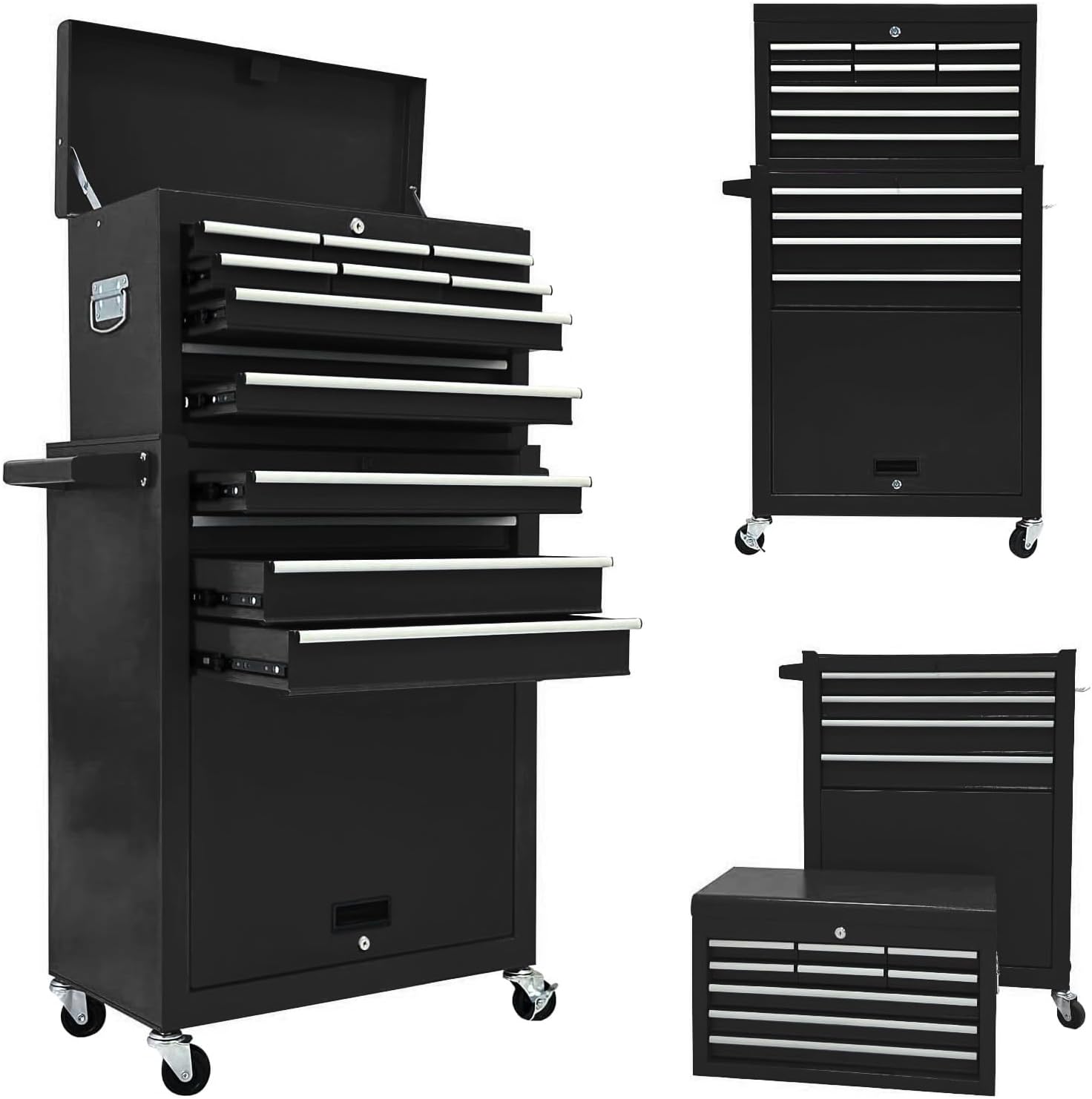 13-Drawer Rolling Tool Chest,Large Toolbox with Wheels, Tool Cabinets with Drawers, Top Detachable Tool Box with Hooks Handles for Workshop Mechanical Garage - Black