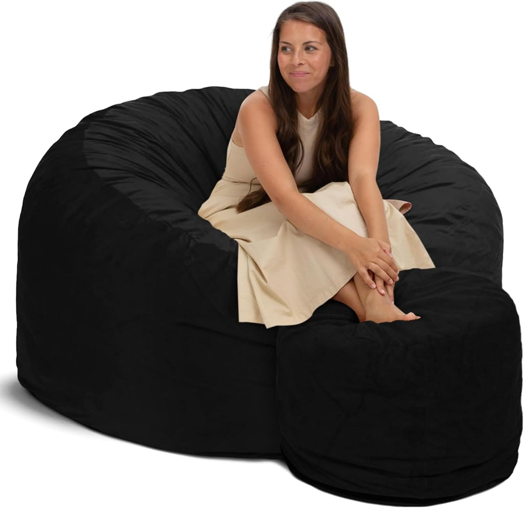 ULTIMATE SACK 5000 5-Foot Bean Bag Chair with Footstool, Black Suede Cover – Oversized Foam Lounger, Floor Seat, Small Sofa, or Couch Bed for Living Area, Gaming Room, or Reading Lounge