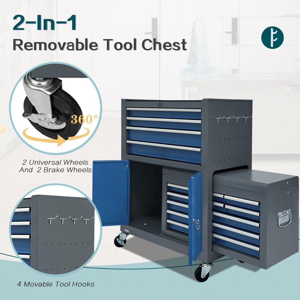 13 Drawers Tool Chest with Wheels, Rolling Tool Box with Drawers, Metal Tool Cabinet for Garage, Workshop(Blue-Gray)