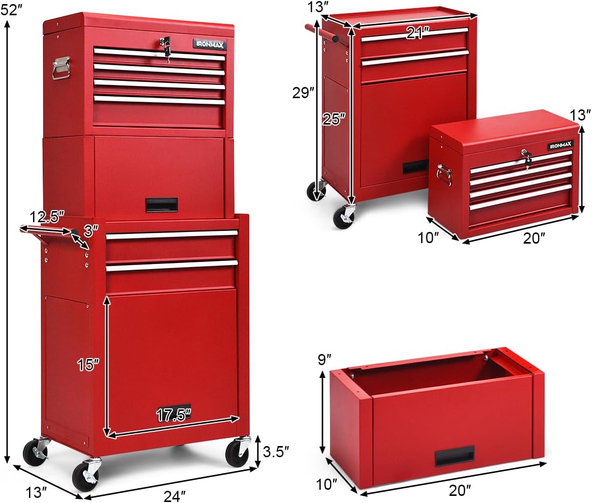 IRONMAX Tool Cabinet on Wheels, 6-Drawer Lockable Rolling Tool Chest w/ 4 Universal Wheels, 2 in 1 Detachable Tool Box Storage Organizer for Garage Workshop Repair Shop, Red