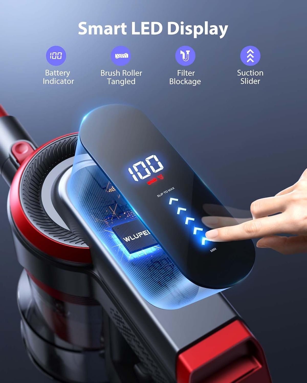 WLUPEL Cordless Vacuum Cleaner, 450W/38Kpa Vacuum Cleaners for Home with LED Screen, Up to 55 Mins Runtime, 1.2L Dust Cup, Anti-Tangle Stick Vacuum for Pet Hair Carpet and Hardfloor