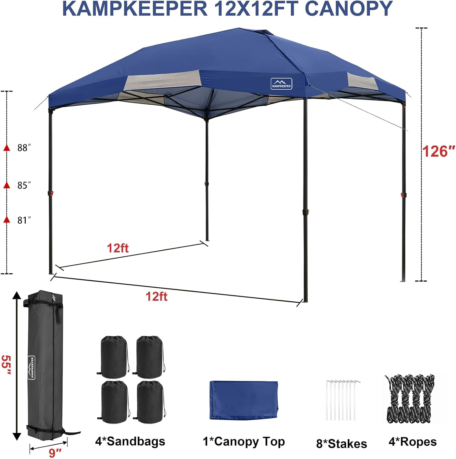 KAMPKEEPER 12x12 Pop Up Canopy Tent,Heavy Duty Outdoor Sun Shade for Events,Camping,Parties - Polygonal Patio Gazebo with Wheeled Bag,4 sandbags(Navy Blue, 12x12FT)