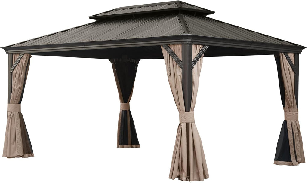LifeSky 12x16FT Hardtop Gazebo: Metal Outdoor Shelter with Drainage System & Galvanized Steel Roof - Detachable Curtains & Netting for Patio Garden Backyard Use by Vacation Rental Owners
