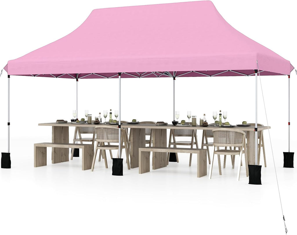 Tangkula 10x20 Ft Pop Up Canopy, Instant Setup Tent with 6 Sandbags, 12 Stakes & 6 Ropes, UPF 50+ Portable Outdoor Canopy Tent with Carrying Bag for Camp, Beach, Patio (Pink)
