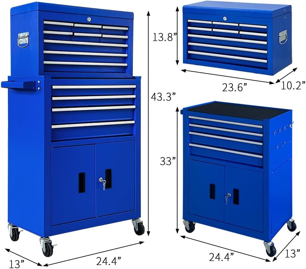 13-Drawer Tool Chest with Double Door Handle,2 in 1 Detachable Rolling Tool Chests with Wheels and Drawers,Large Tool Box with Lock,Mobile Steel Tool Cabinet Storage (Blue)