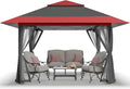 CROWN SHADES 11x11 Pop Up Gazebo, Patented One Push Outoor Canopy Tent with Wheeled STO-N-Go Cover Bag, Pop Up Canopy with Netting for Patio, Backyard (11x11, Red &Grey)