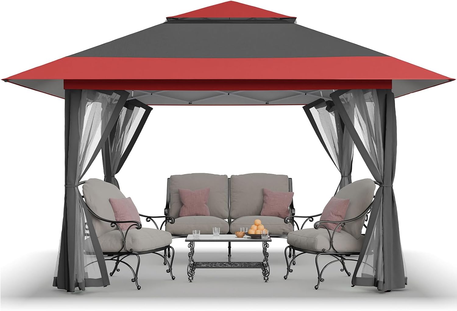 CROWN SHADES 11x11 Pop Up Gazebo, Patented One Push Outoor Canopy Tent with Wheeled STO-N-Go Cover Bag, Pop Up Canopy with Netting for Patio, Backyard (11x11, Red &Grey)