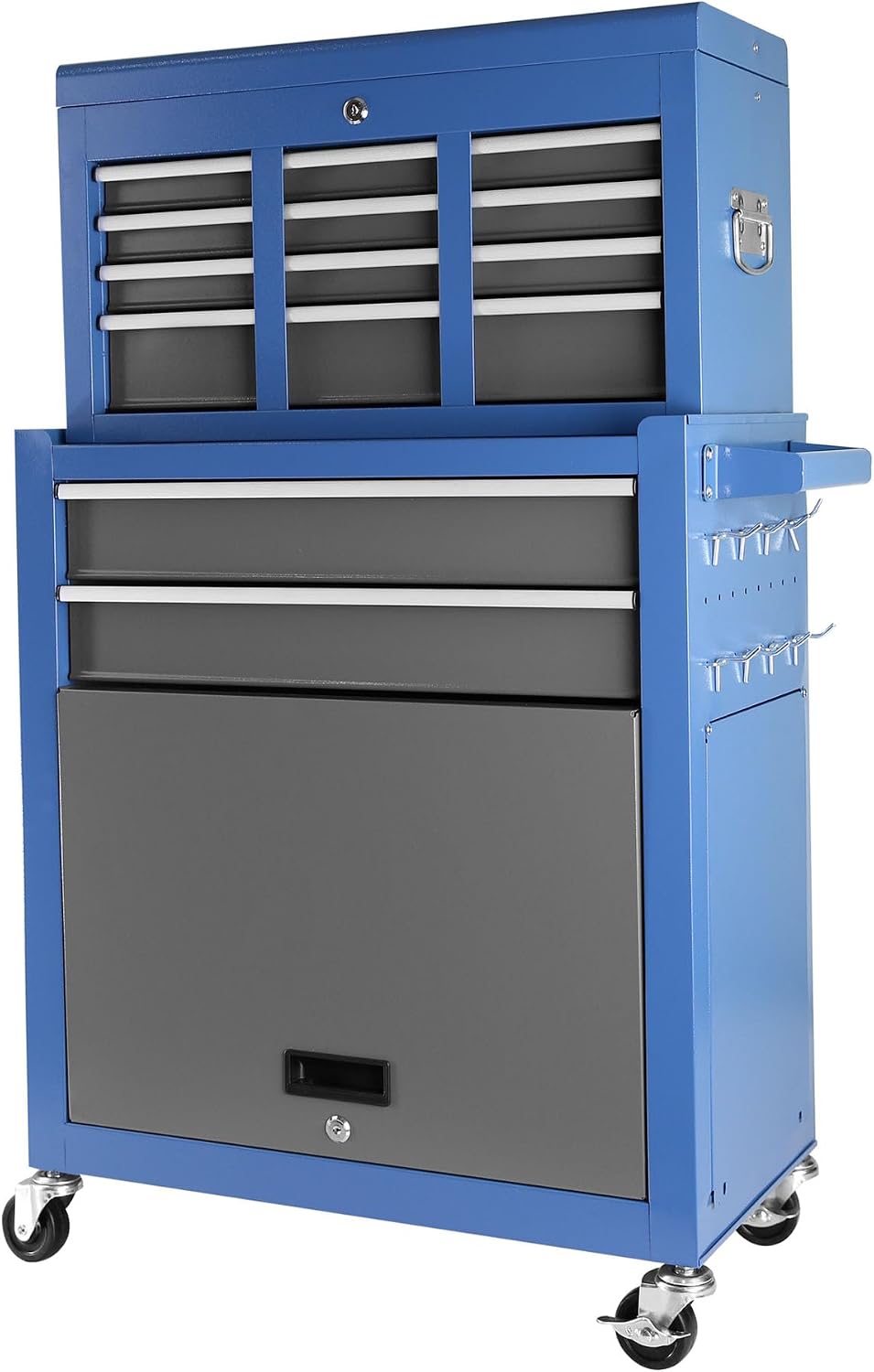 HRVEOCEI Rolling Tool Chest with Drawers, Metal Tool Cabinet on Wheels with Detachable Top Tool Box, 8-Drawer Tool Cart with Adjustable Shelf and Locking Mechanism (8-Drawer Blue+Grey)