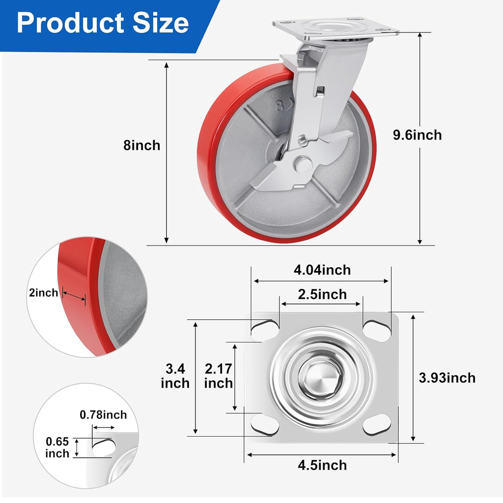 Nefish 8 Inch Industrial Casters Set of 4, Heavy Duty Casters with Brake 6000 Lbs, No Noise Polyurethane Wheel on Steel Hub, Swivel Plate Caster Wheels for Toolbox Workbench (4 Swivel & Brakes)