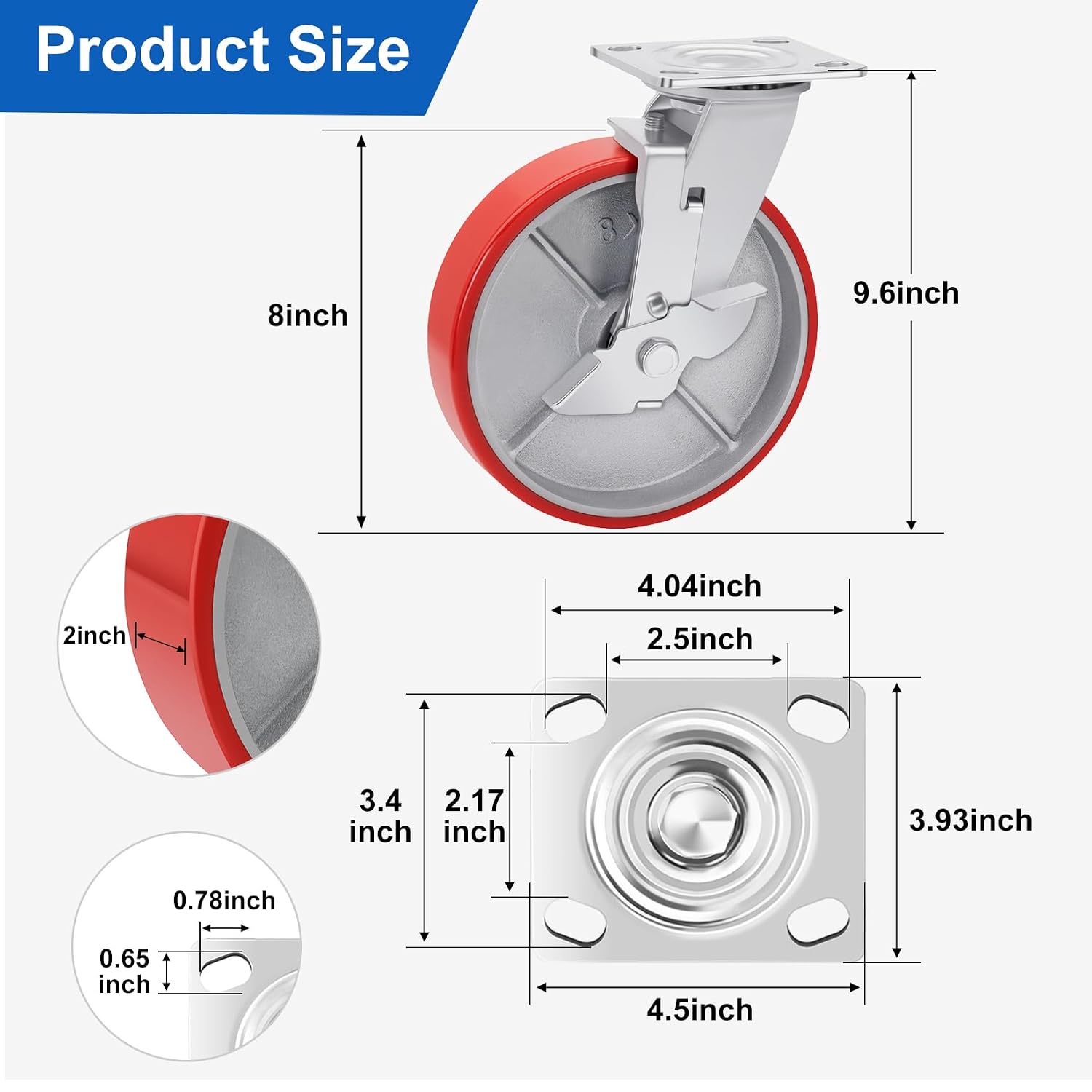 Nefish 8 Inch Industrial Casters Set of 4, Heavy Duty Casters with Brake 6000 Lbs, No Noise Polyurethane Wheel on Steel Hub, Swivel Plate Caster Wheels for Toolbox Workbench (4 Swivel & Brakes)