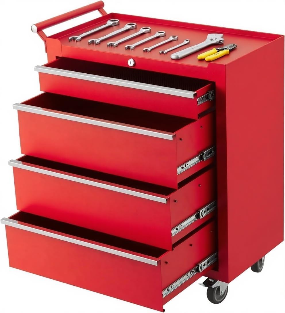 Tool Chest with Wheels, 4 Drawer Rolling Tool Storage Cabinet Cart, Portable Toolbox Organizer with Locking System, Drawer Liners for Garage, Workshop, Shop, Mechanic, Red