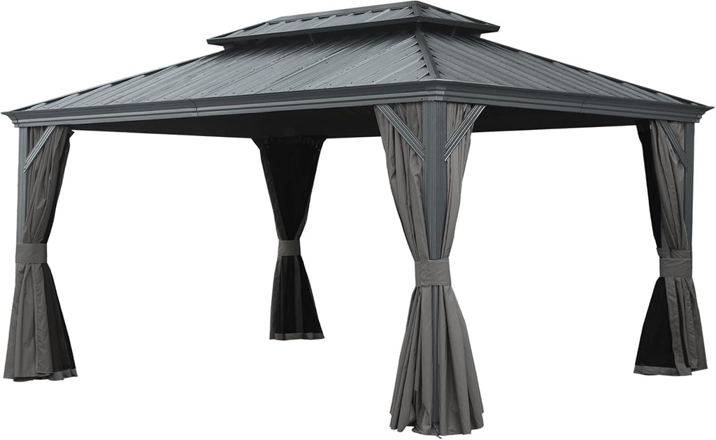 12x16FT Hardtop Gazebo with Drainage System: Upgraded Metal Frame & Dual-Layer Galvanized Steel Roof - Outdoor Shelter with Privacy Curtains & Mosquito Netting for Patio Garden Backyard Family