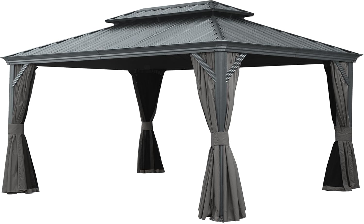 12x16FT Hardtop Gazebo with Drainage System: Upgraded Metal Frame & Dual-Layer Galvanized Steel Roof - Outdoor Shelter with Privacy Curtains & Mosquito Netting for Patio Garden Backyard Family