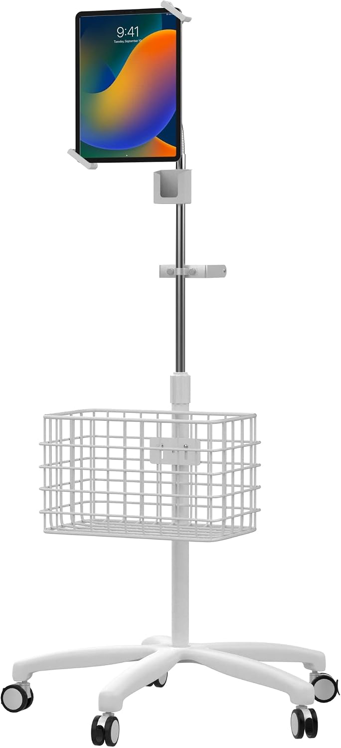 Medical Mobile Stand – CTA Heavy-Duty Medical Mobile Floor Stand & Accessories for iPad 7 – 9 Gen 10.2', 12.9' Pro, 11', Mini 5/6, Samsung A8 & Other 7-13-Inch Tablets - White (PAD-SHFSWAO)