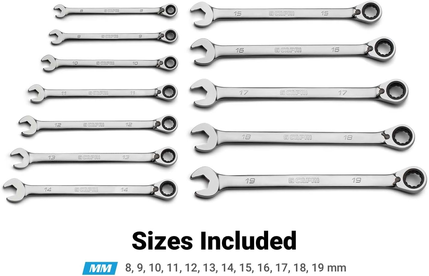 Capri Tools 120-Tooth Ultra-Smooth Reversible Ratcheting Wrenches Set, XL Long Series, 12-Point, 8 to 19 mm, Metric, 12-Piece with Merchanic's Tray