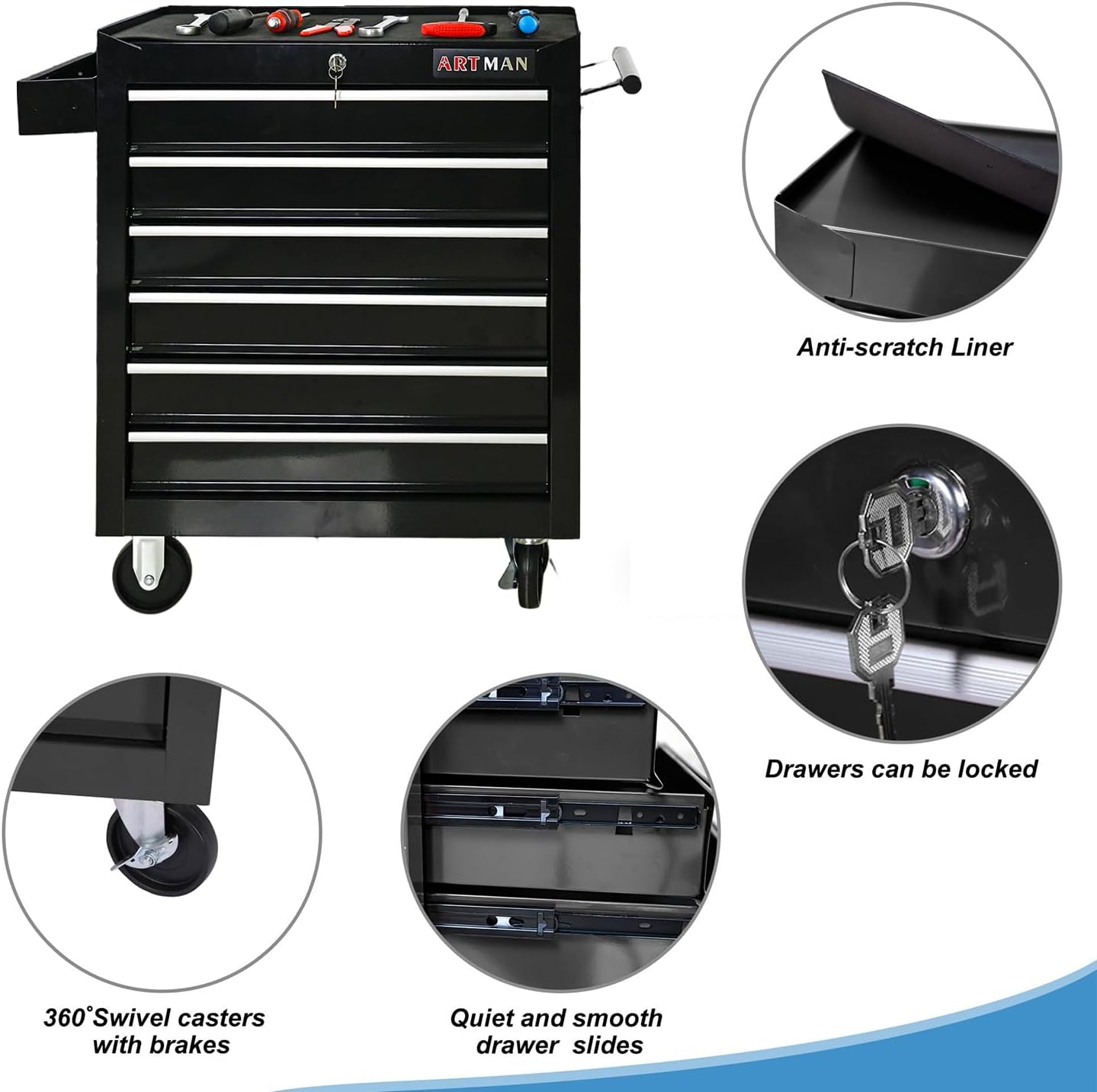 Aokleo 6 Drawers Tool Cart on Wheels, 6 Drawer Rolling Tool Chest with Key Lock, Trolley Organizer Tool Case, Multifunctional Rolling Tool Box for Garage,Warehouse,Workshop,Repair Shop (Black)