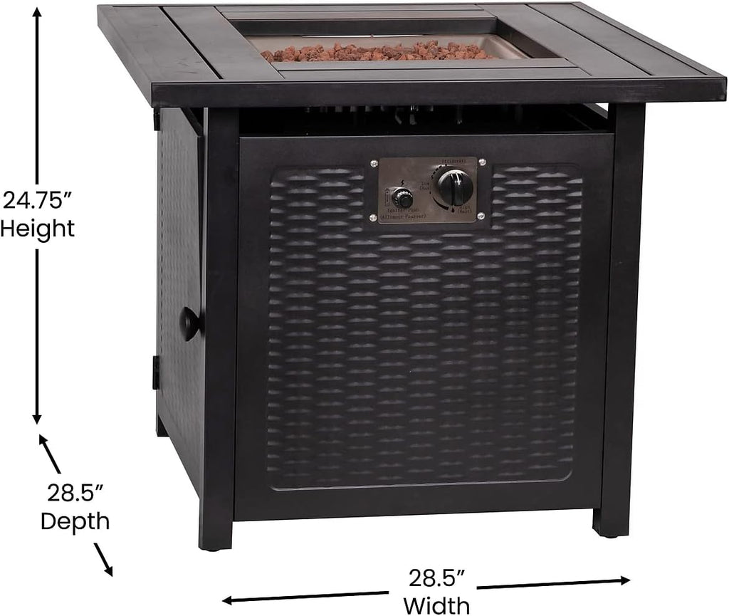 Flash Furniture Olympia 50,000 BTU Outdoor Propane Gas Fire Pit Table - Black Stainless Steel Tabletop and Steel Wicker Detail Base - 28' Square - Included Lava Rocks