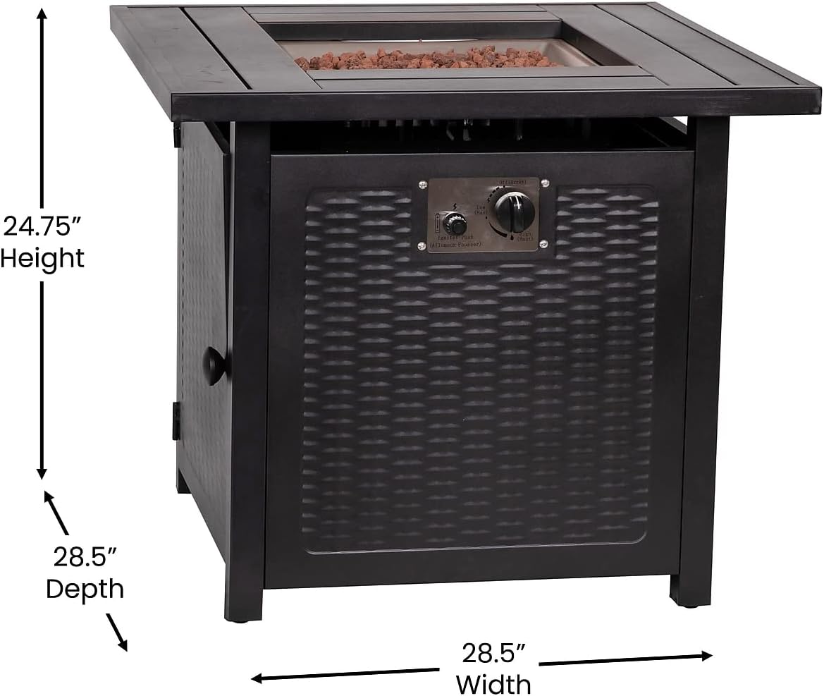 Flash Furniture Olympia 50,000 BTU Outdoor Propane Gas Fire Pit Table - Black Stainless Steel Tabletop and Steel Wicker Detail Base - 28' Square - Included Lava Rocks