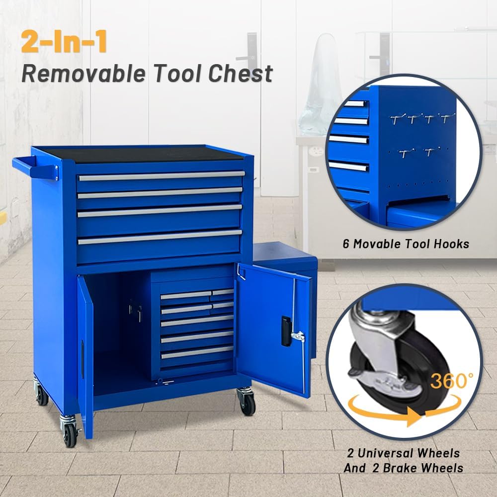13-Drawer Tool Chest with Double Door Handle,2 in 1 Detachable Rolling Tool Chests with Wheels and Drawers,Large Tool Box with Lock,Mobile Steel Tool Cabinet Storage (Blue)