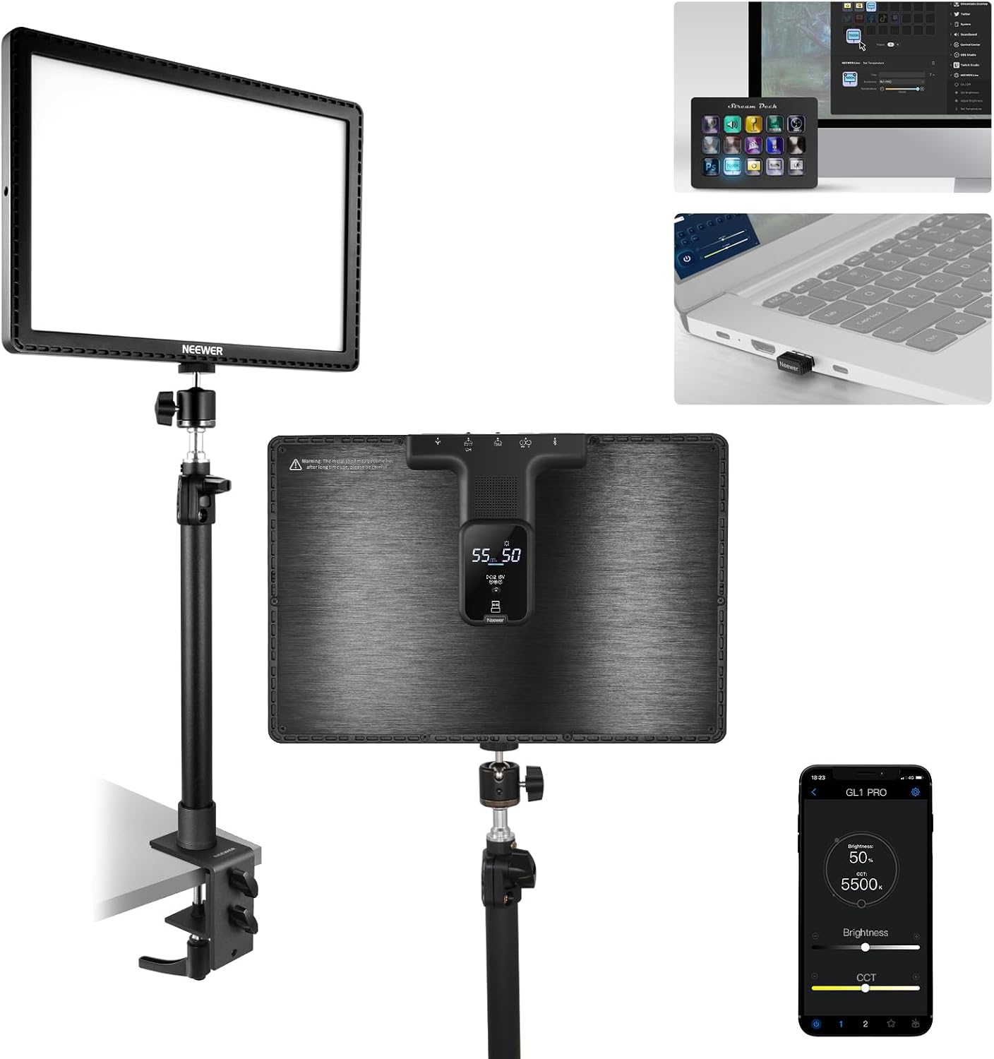 NEEWER 15.5' LED Streaming Key Light, Clamp on Desk Panel Video Lighting for Gaming Recording Zoom Call, CRI97+, 2.4G PC/Mac iOS/Android APP Control, Compatible with Elgato Stream Deck, GL1 PRO Black