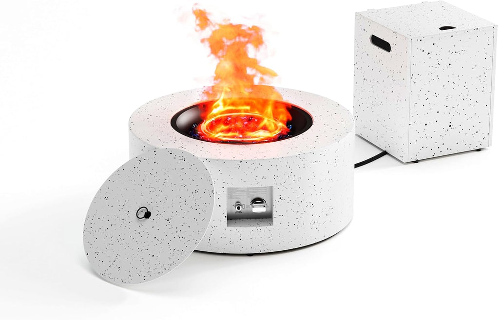 2-Piece 30' Round Propane Fire Pit for Outside Patio with Hidden Tank Table, 50,000 BTU Fireplaces with Lid, Glass Rocks, Cover(Speckled White)