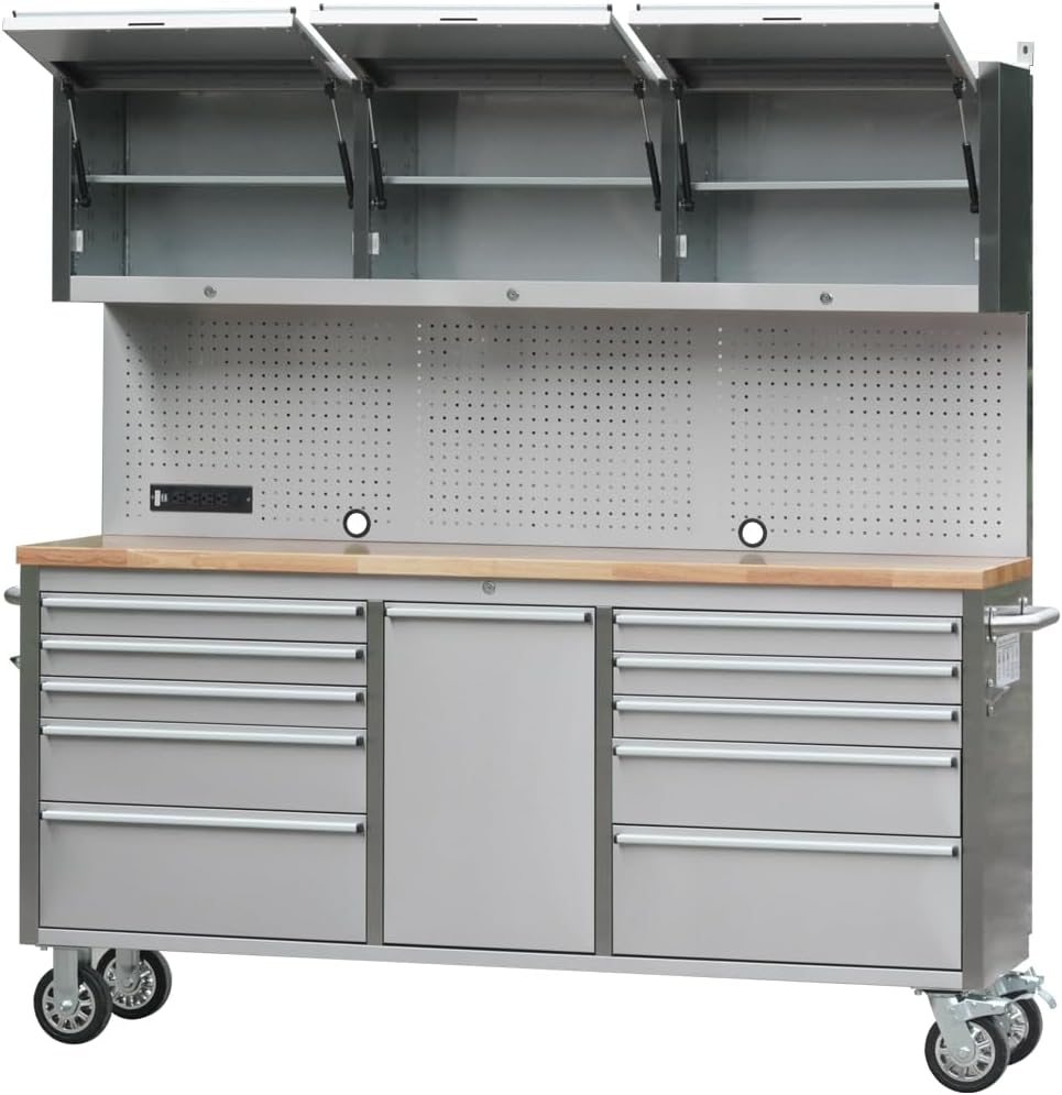 72' Stainless Steel Rolling Tool Chest with 11 Drawers + 3 Upper Cabinets, Large Lockable Storage Cabinet, Mobile Workbench with Wheels for Garage Workshop (1 × HTC7214W1)