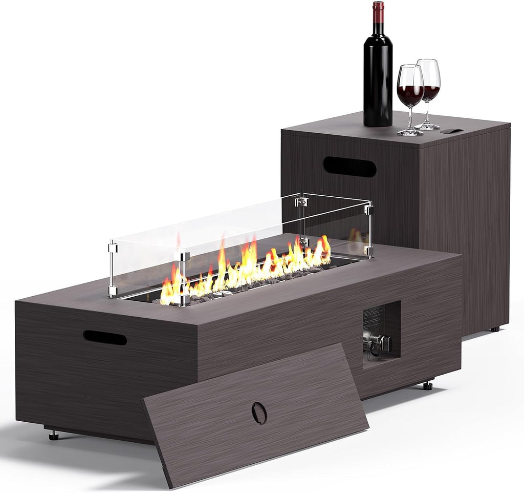 Jocoevol 42in Fire Pit Table Propane Fire Pit 2 Piece Rectangular Gas Fire Pits 50,000 BTU with Wind Guard Propane Tank Cover Table Lava Rocks for Outdoor Outside Patio