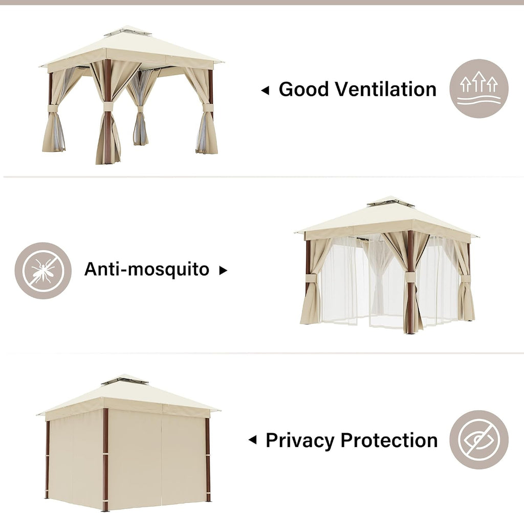 LAUSAINT HOME 10'x10' Outdoor Gazebo, Metal Frame Heavy Duty Patio Canopy Tent Shelter with Double Roofs, Mosquito Nettings and Privacy Screens for Backyard, Garden, Lawn, Cream White
