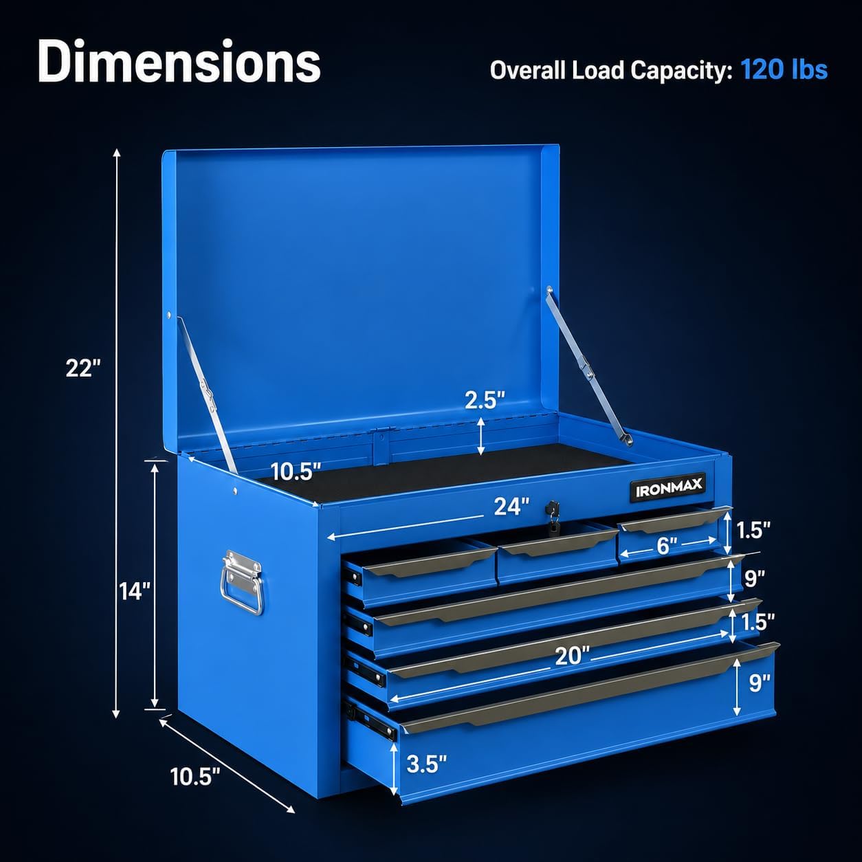ARNOT Large Metal Tool Box, Tool Box with 6 Drawers & Top Tray, Heavy-Duty Steel Tool Chest with Auto-Locking Drawers and Side Handles for Garage & Workbench (Blue)