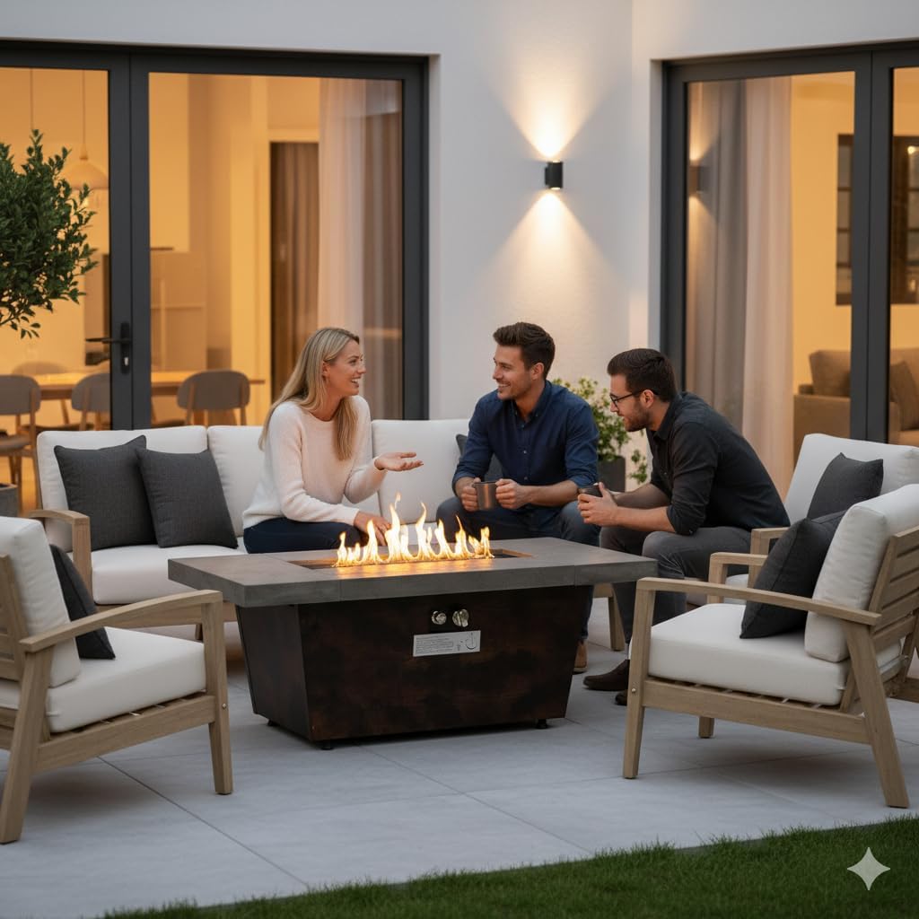 Outdoor Fire Pit Table Propane Gas Fire pits Outdoor Fireplaces 42'' Rectangular Firepit Table, 50,000 BTU Fire Table for Patio Set, White&Blue Glass, Grey.