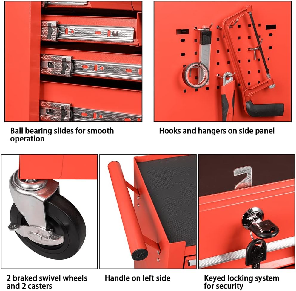 High Capacity Rolling Tool Boxes with Wheels and Drawers, 8-Drawer Storage Cabinet,Detachable Organizer Combo,Mobile Lockable Toolbox for Workshop Mechanics Garage (Red)
