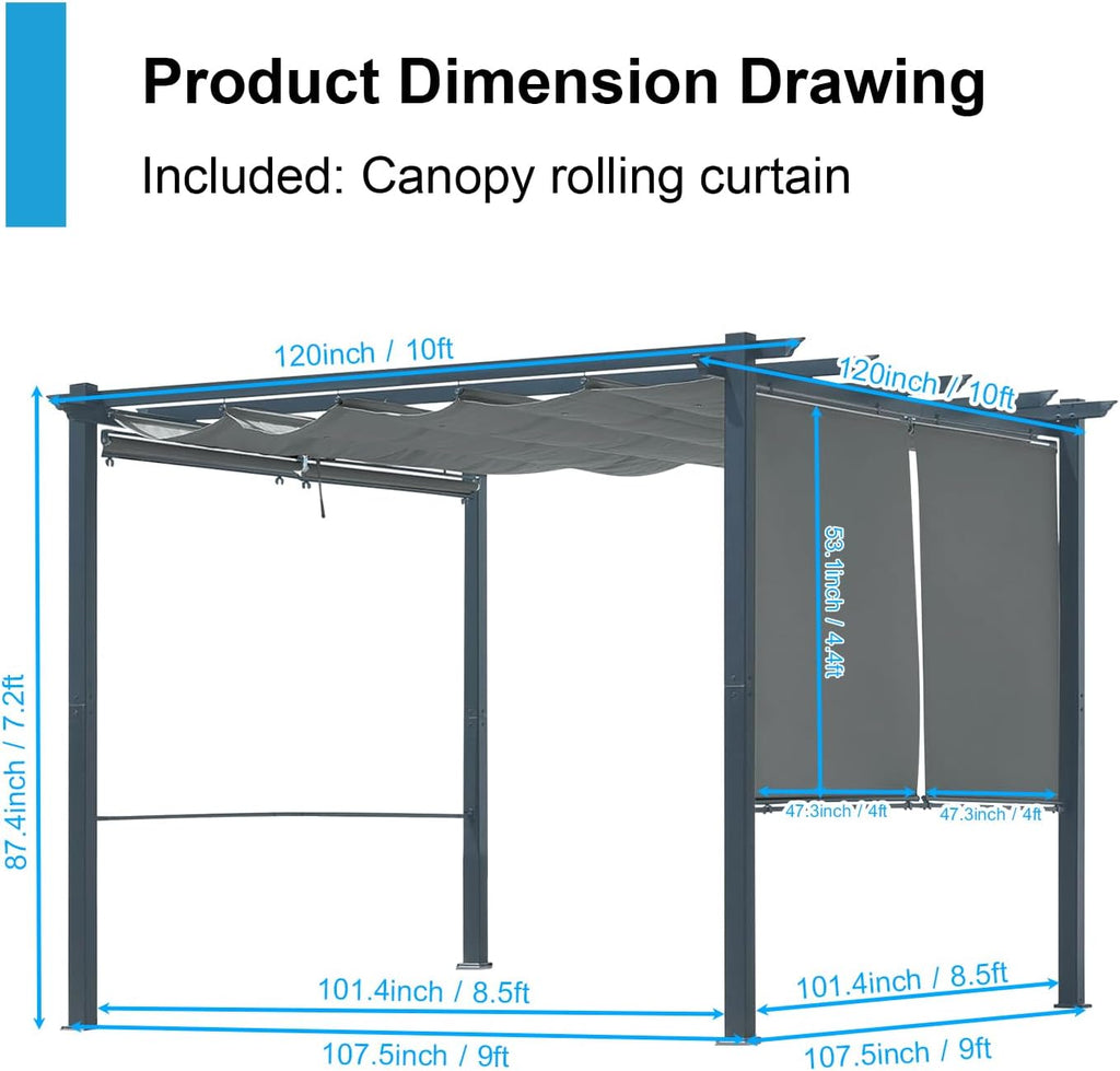 Aoodor 10 x 10 ft Outdoor Pergola with Retractable Shade Canopy, Matte Aluminum Frame, 4 Roller Shade Curtains, Grape Trellis for Patio, Backyard, Garden, and Deck, Grey
