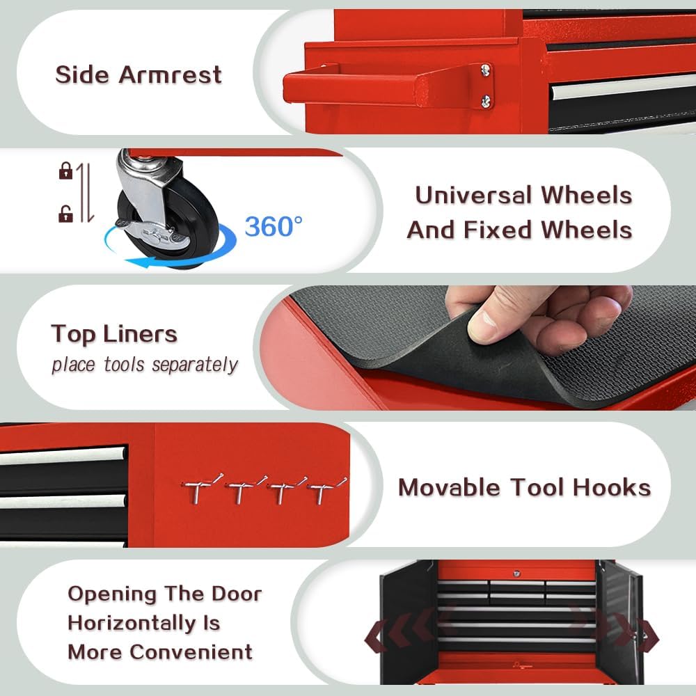 Tool Chest 13-Drawer with Double Door Handle,2 in 1 Detachable Rolling Tool Chests with Wheels and Drawers,Large Tool Box with Lock (Red＆Black)