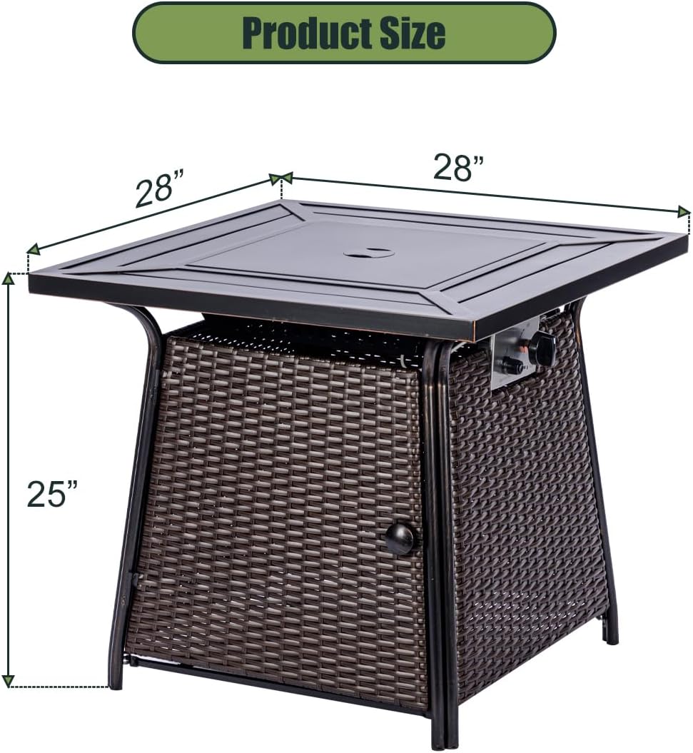 OutVue 28 inch Wicker Propane Fire Pit Table,Gas Fire Pits Table for Outside,50000 BTU Propane Firepit with Lid &Lava Rocks,Gas Firepit for Garden,Yard (Brown Rattan)