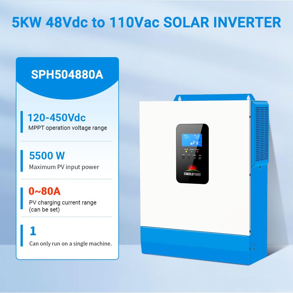SUNGOLDPOWER UL1741 5000W DC 48V solar inverter All In One,120V AC output Pure Sine Wave Inverter,Built-in 80A MPPT solar charger and 40A AC charger,For home,Cabin,Backup,Off-grid system (NO Parallel)