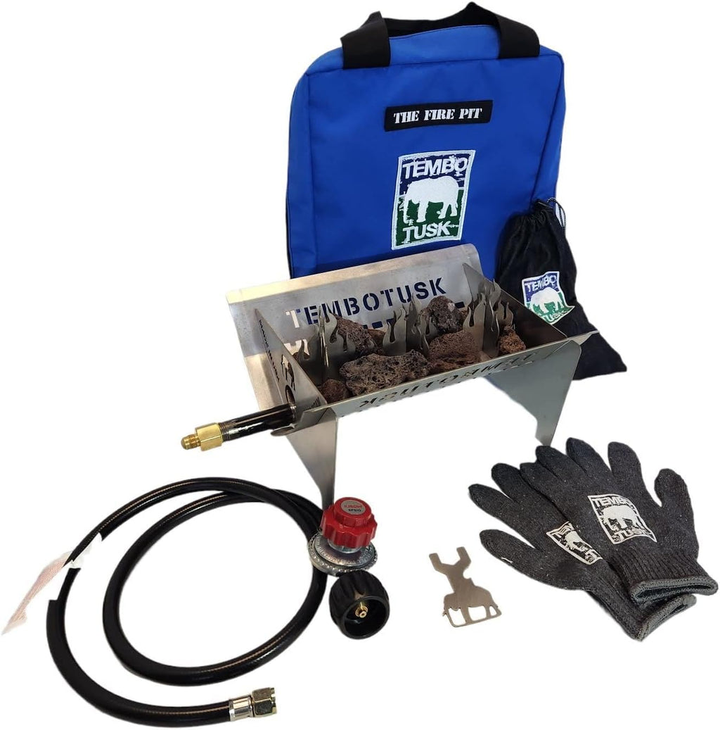 The Fire Pit by TemboTusk. Flatpack, Propane Gas Powered, Stainless Steel Body, All in One Carry Bag.