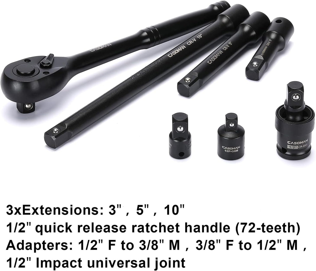 CASOMAN 1/2-inch 70 Pieces Impact Socket Master Set, SAE & Metric from 5/16'-1-1/4',8-24mm, Shallow/Deep Socket with Ratched Hand, Extension Bar and Adapters