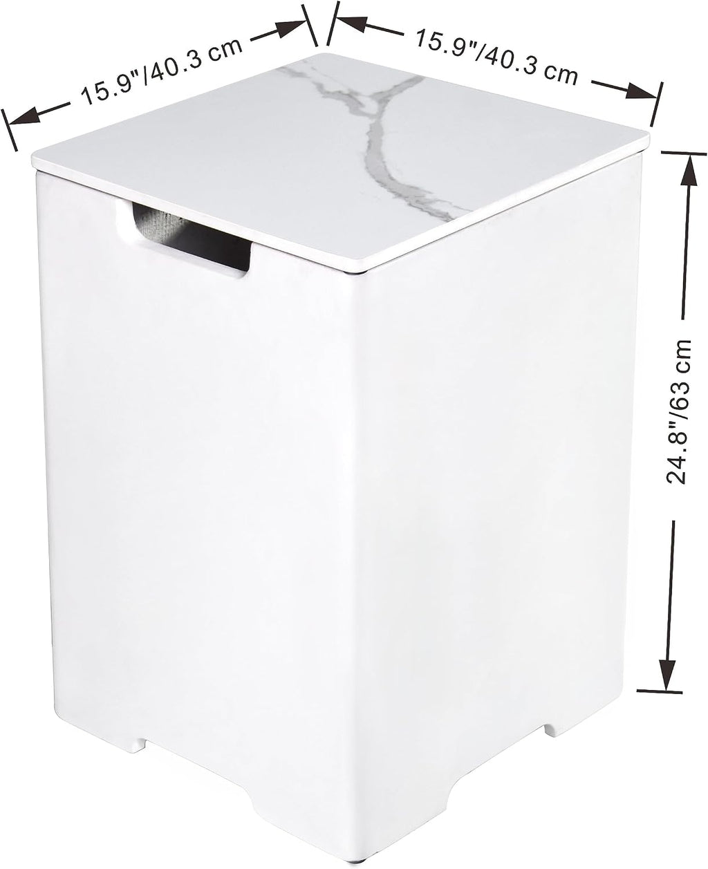 AMS Fireplace | Elementi Tall Square White Marble Propane Tank Cover | Concrete GFRC Base | Dimensions: 15.9 × 15.9 × 20.5 inches | Perfectly Complements Bianco, Athens, and Other Fire Pit Tables