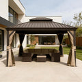 10x13 FT Hardtop Gazebo with Galvanized Steel Double Roof, Metal Outdoor Gazebo with Drainage System, Curtains and Netting, Gray (Brown-13x15FT)