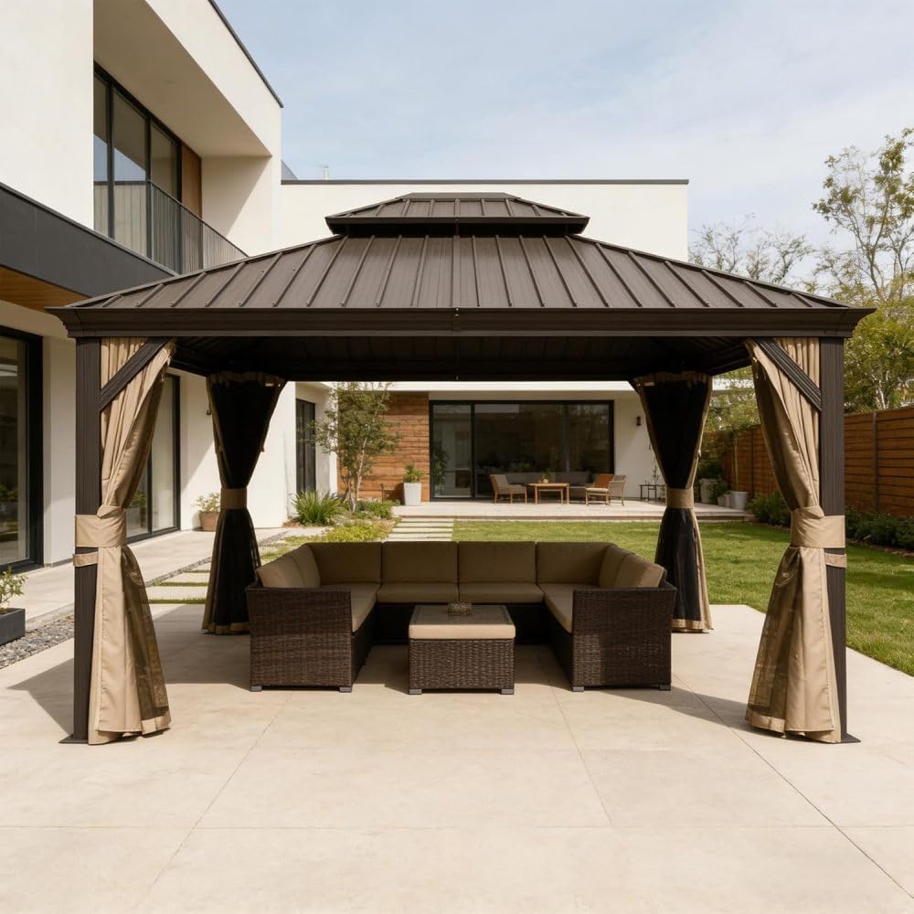10x13 FT Hardtop Gazebo with Galvanized Steel Double Roof, Metal Outdoor Gazebo with Drainage System, Curtains and Netting, Gray (Brown-13x15FT)