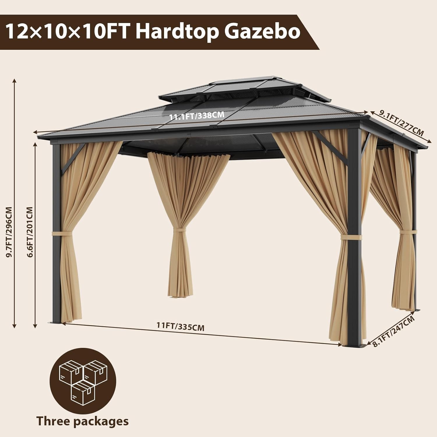 10' x 12' Hardtop Gazebo, Aluminum Frame Gazebo with Galvanized Steel Double Roof, Curtains and Netting, Outdoor Canopy Metal Permanent Pavilion for Garden Patio Deck Backyard, Brown
