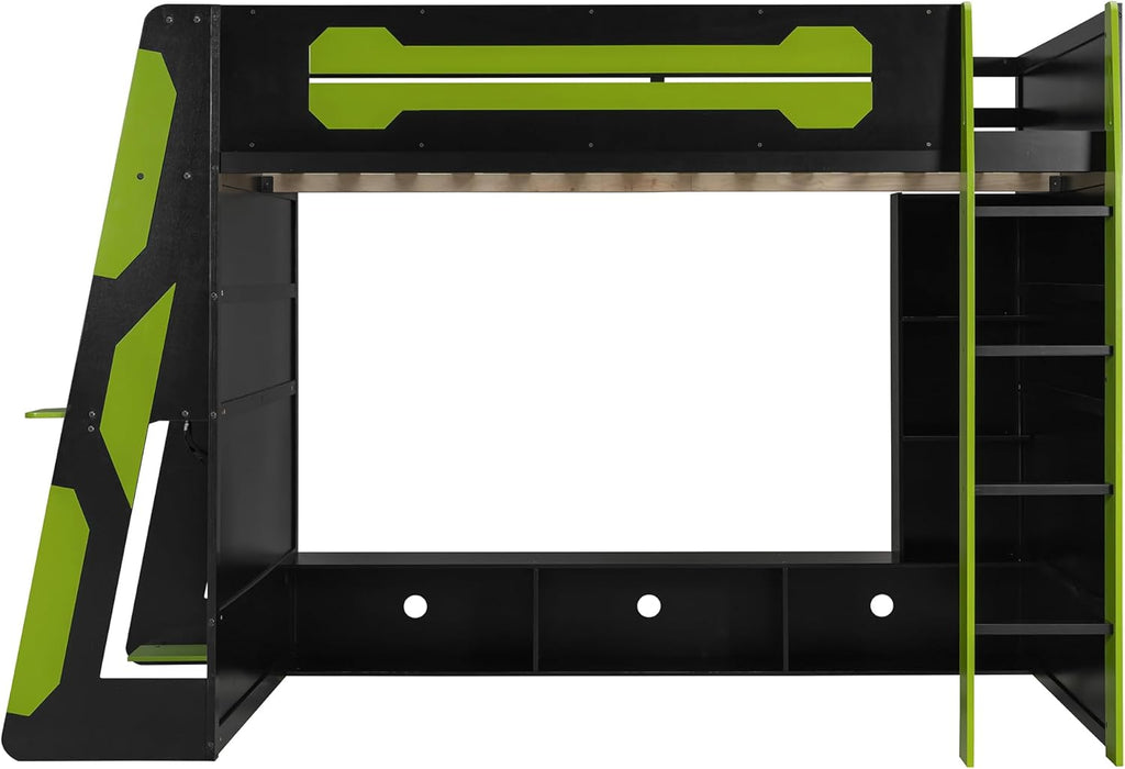 LUMISOL Full Size Gaming Loft Bed with Desk, Multi-Storage Shelves, RGB LED Lights & Built-in Charging Stations for Teens & Adults, Heavy Duty Support, Green Black