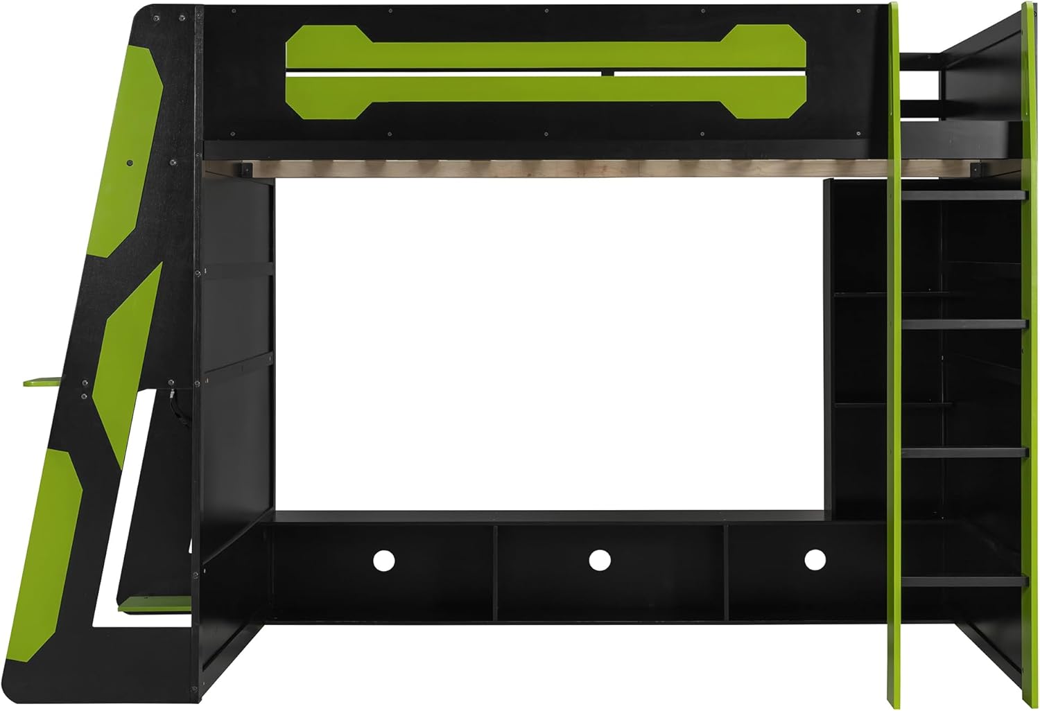 LUMISOL Full Size Gaming Loft Bed with Desk, Multi-Storage Shelves, RGB LED Lights & Built-in Charging Stations for Teens & Adults, Heavy Duty Support, Green Black