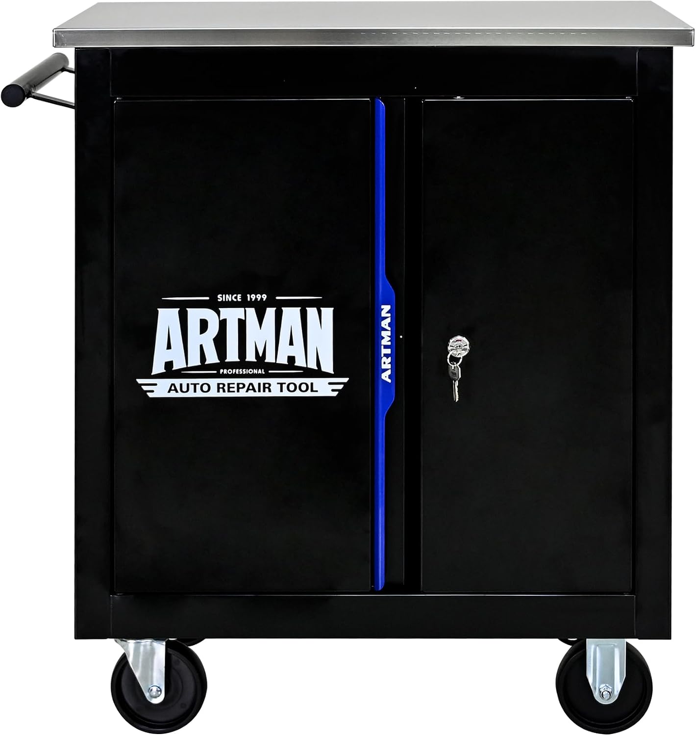 2-Door 2-Shelf Rolling Tool Chest with Stainless Steel Countertop,Tool Chest with Secure Locking System,Mobile Storage Tool Cabinet with 360°Wheels and Padded Feet,for Home,Garage(Black+Blue)