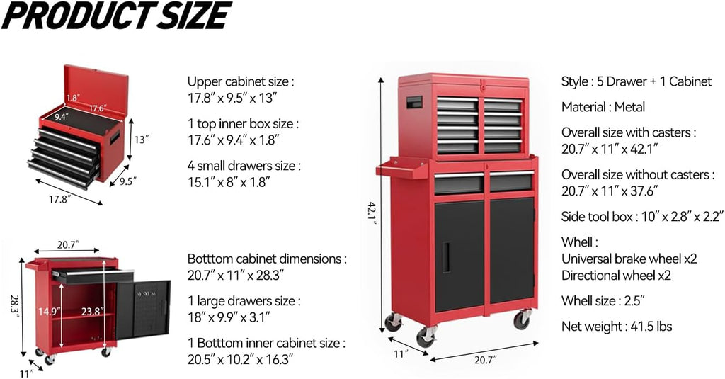 5-Drawer Rolling Tool Chest & Cabinet With Detachable Top Box - Heavy-Duty Metal Tool Cart With 4 Hooks, Lockable Drawers & 4 Wheels For Garage, Workshop, And Automotive Organization, (Red)