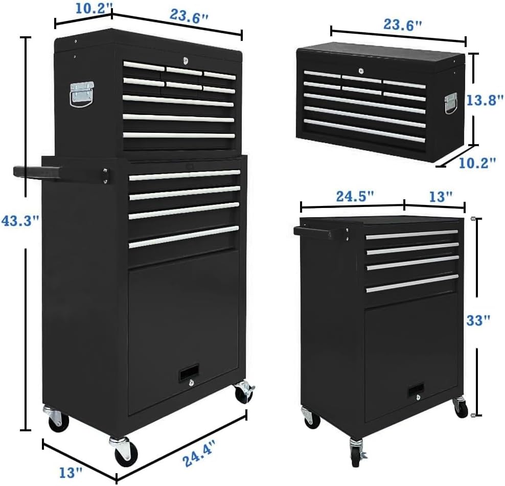 13-Drawer Rolling Tool Chest,Large Toolbox with Wheels, Tool Cabinets with Drawers, Top Detachable Tool Box with Hooks Handles for Workshop Mechanical Garage - Black